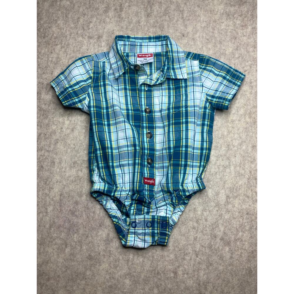 Wrangler Button Front Collared Blue and Yellow Plaid 1 Piece Size 3 Months
